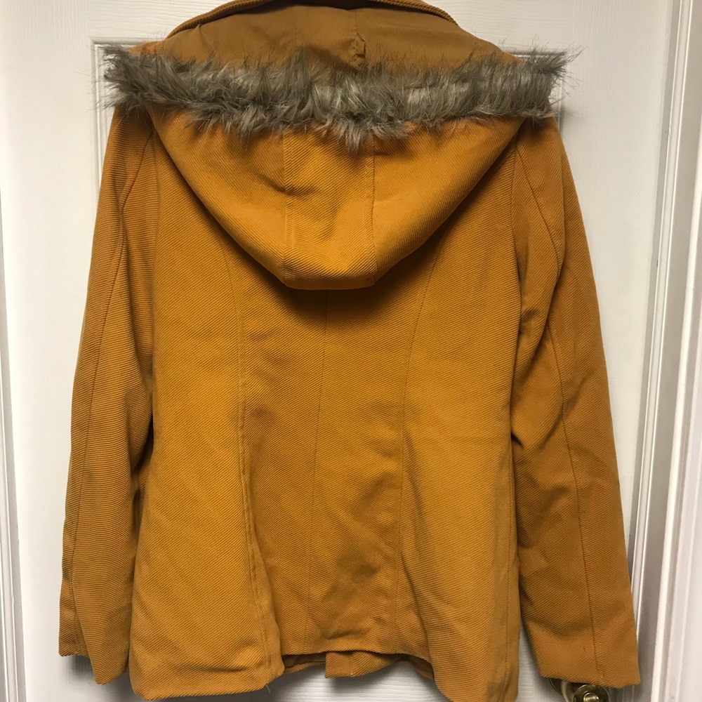 Mustard Yellow zip up pea coat with fur lined hood